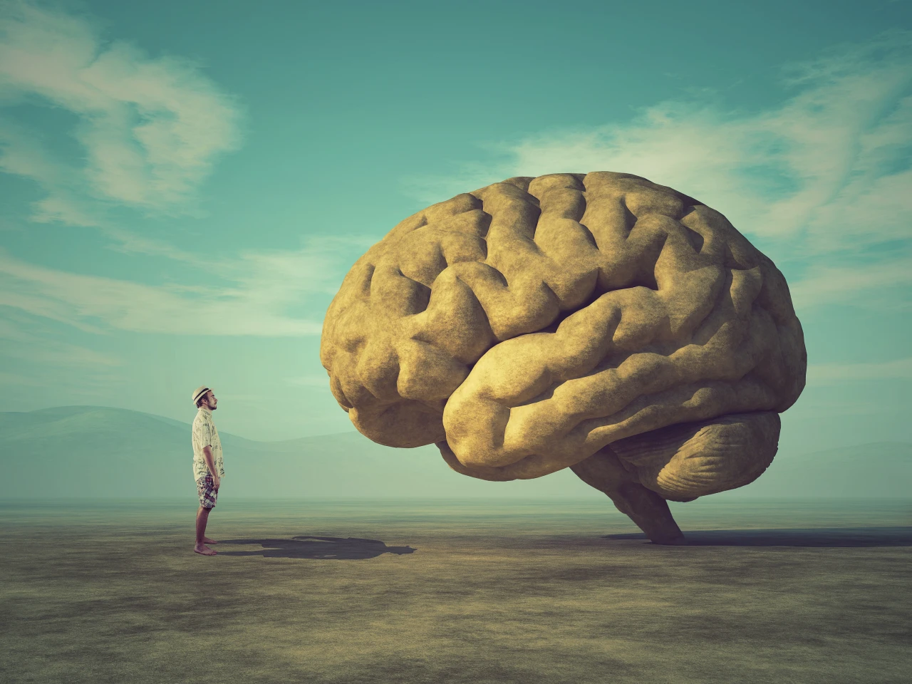 Man staat tegenover gigantisch brein en vraagt zich af wat wiet met zijn hersenen doet.